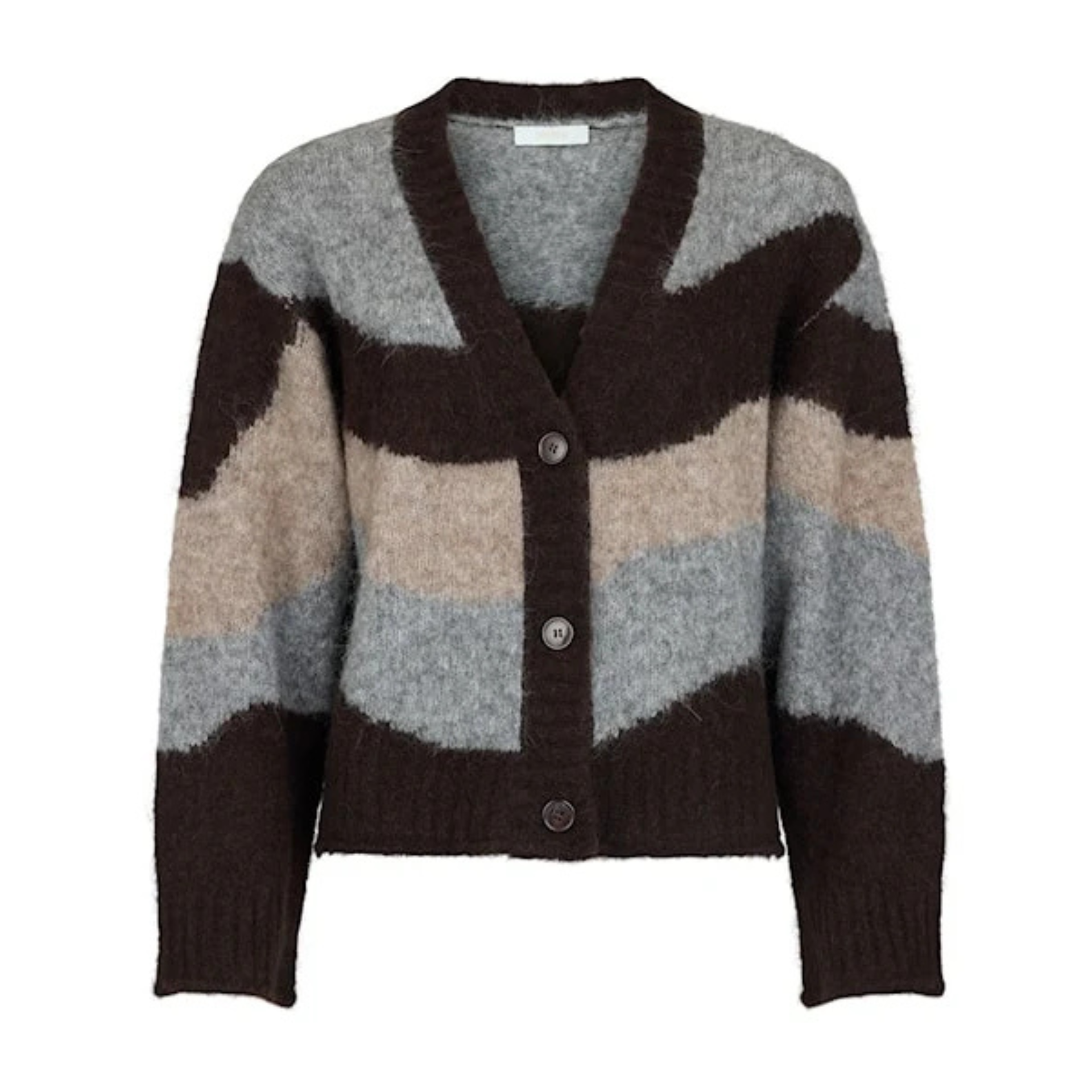 The front of a woollen cardigan featuring a wavy design in brown, grey and beige colours with three brown buttons sits on a white back ground