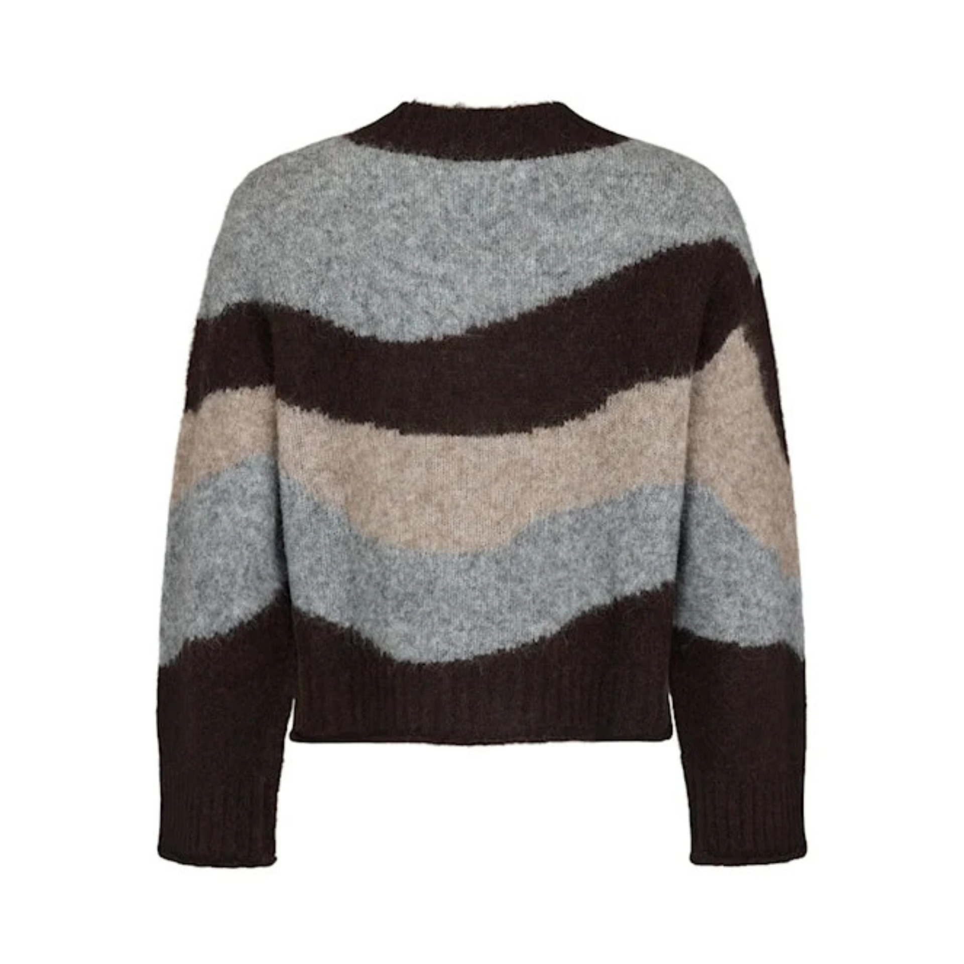 The back of a woollen cardigan with a wavy design in brown, grey and beige colours, sits on a white back ground