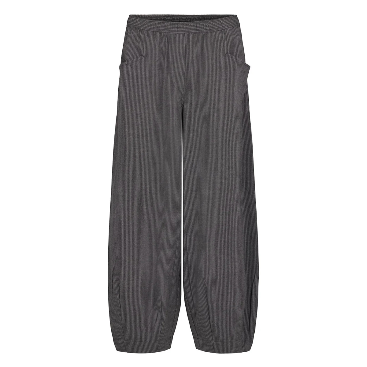 The front of a pair of grey trousers featuring pockets, tapered legs and a pinstripe design sits against a white background