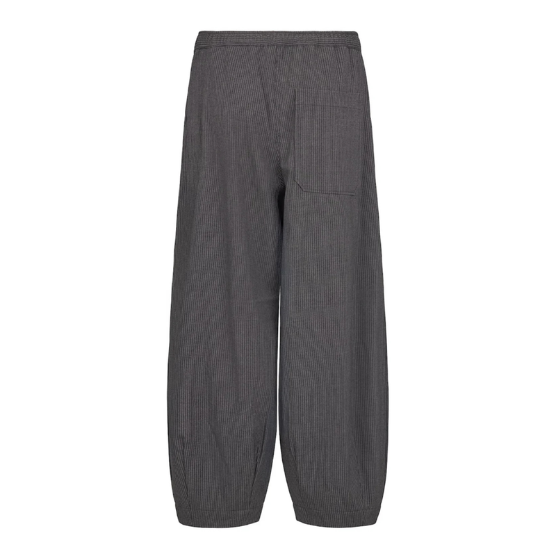 The back of a pair of trousers featuring one pocket, tapered legs and a pinstripe design sits against a white background