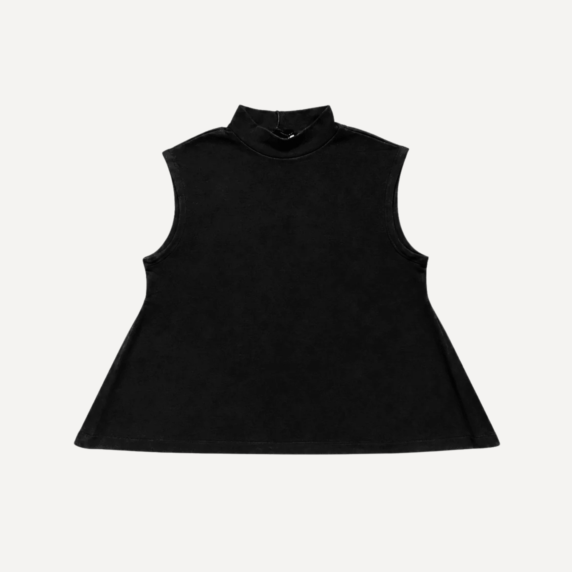 A black sleeveless mock neck top with a flared, slightly textured fabric, presented flat against a light gray background.