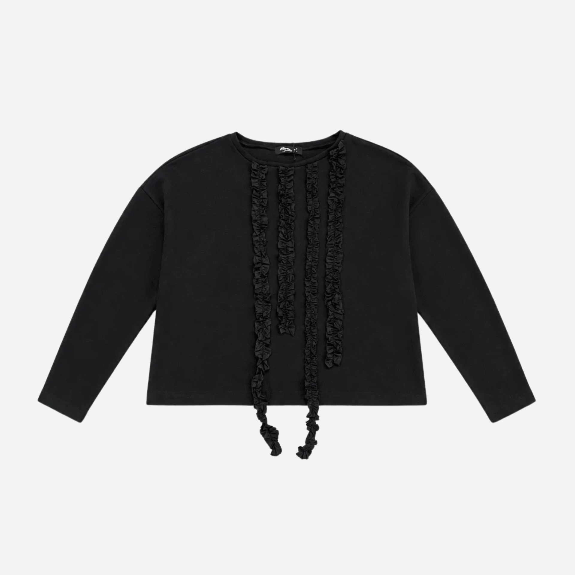 A black long-sleeve cropped top with vertical ruffled lace details down the front and matching ruffled tie strings at the hem, shown on a light gray background.