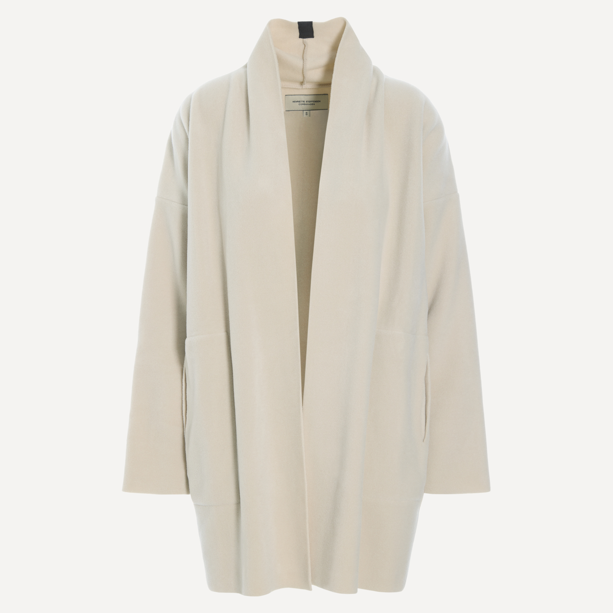 A light beige open-front cardigan with a wide collar and long sleeves, displayed on a clean white background.