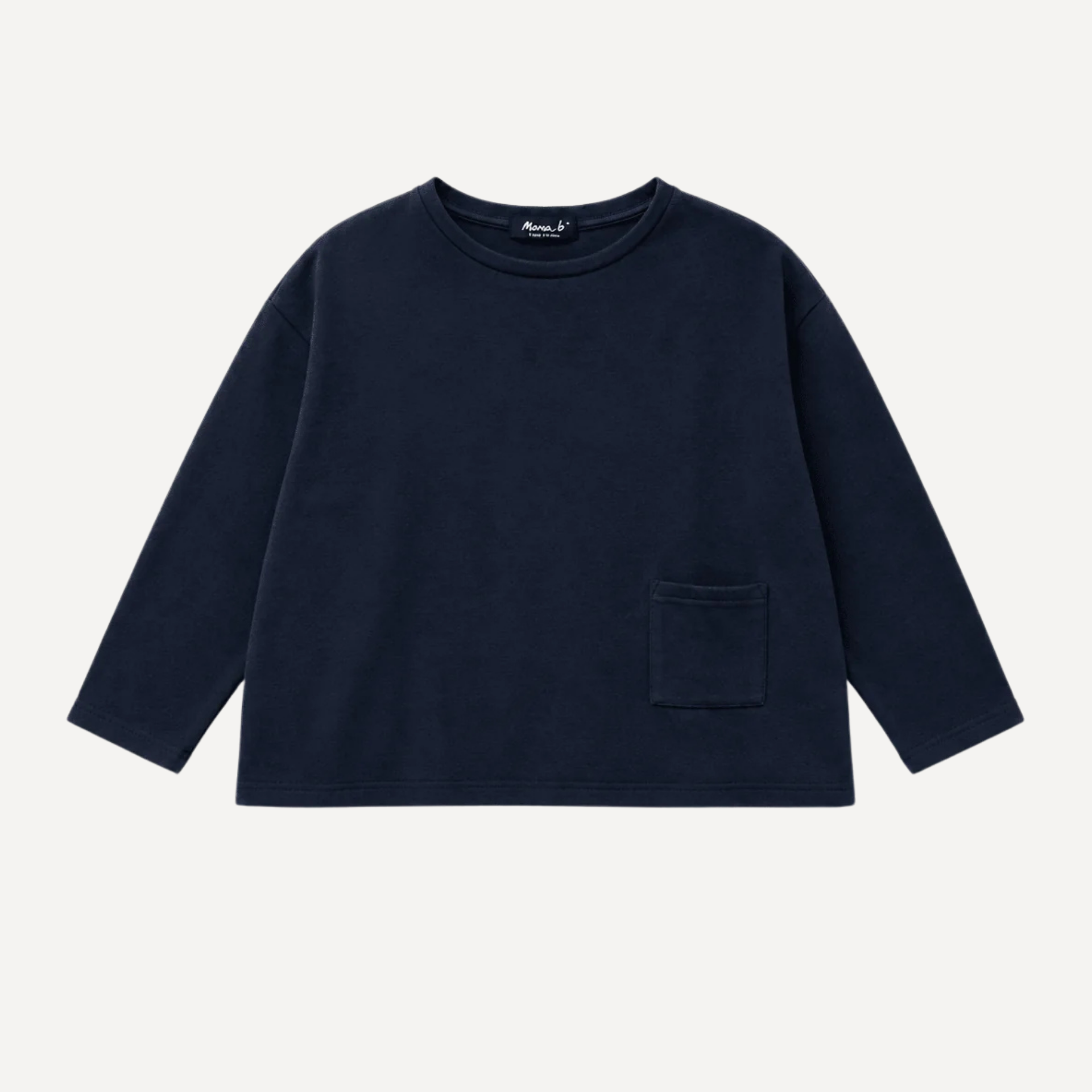 A dark navy blue long-sleeve crewneck sweatshirt with a single front patch pocket, displayed flat against a light off-white background.