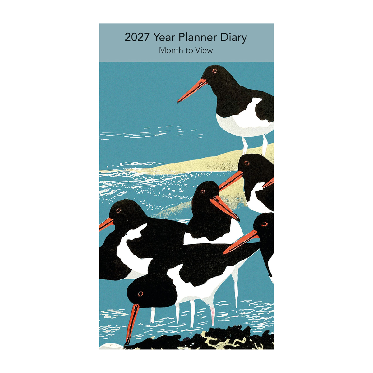 A 2027 Year Planner Diary cover featuring an illustration of black and white oystercatcher birds on a beach with blue water and sky. The top header reads '2027 Year Planner Diary' and 'Month to View'.