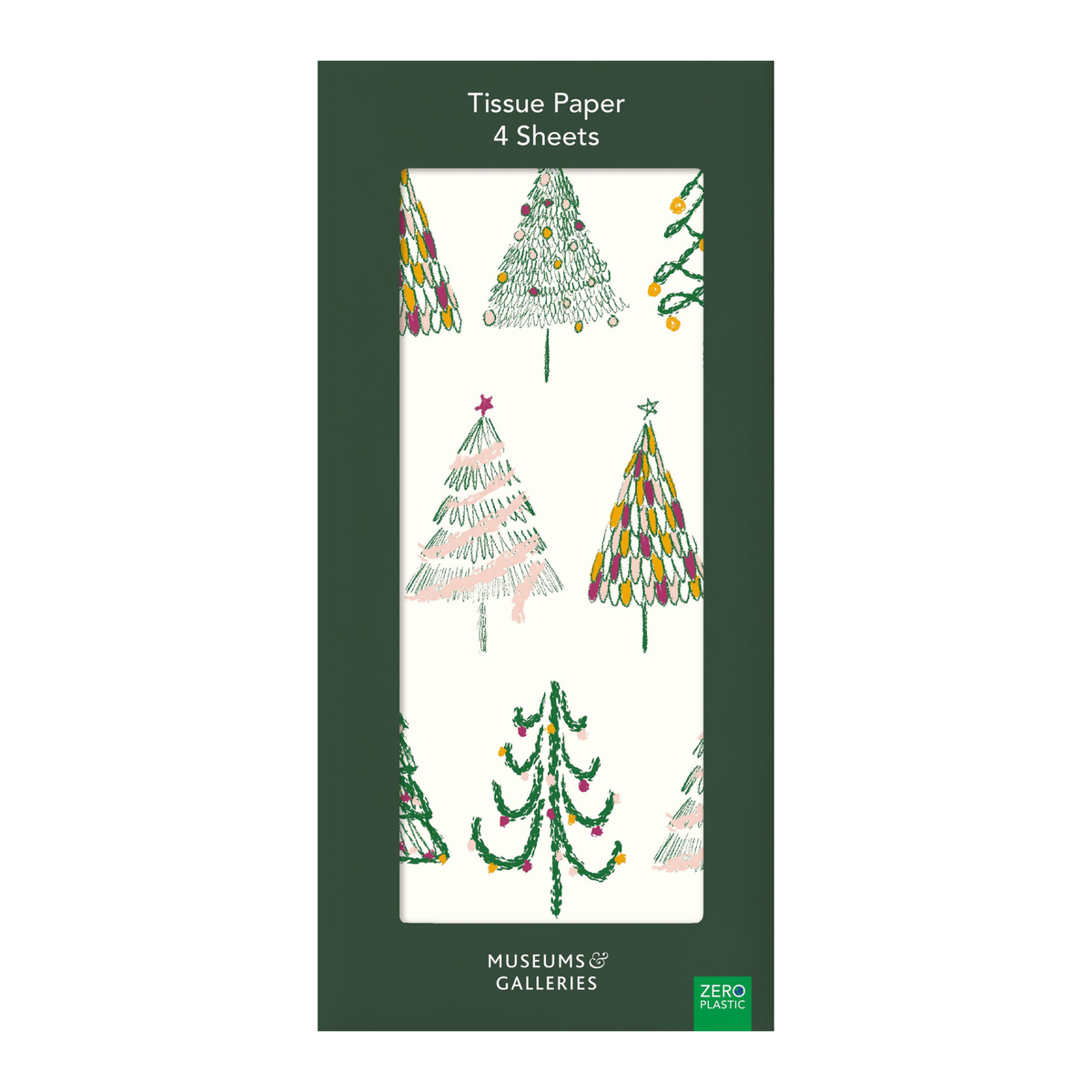 A package of Museums & Galleries Zero Waste Tissue Paper with a dark green border and a clear window showing four sheets with a festive Christmas tree pattern in green, pink, and yellow on an off-white background.