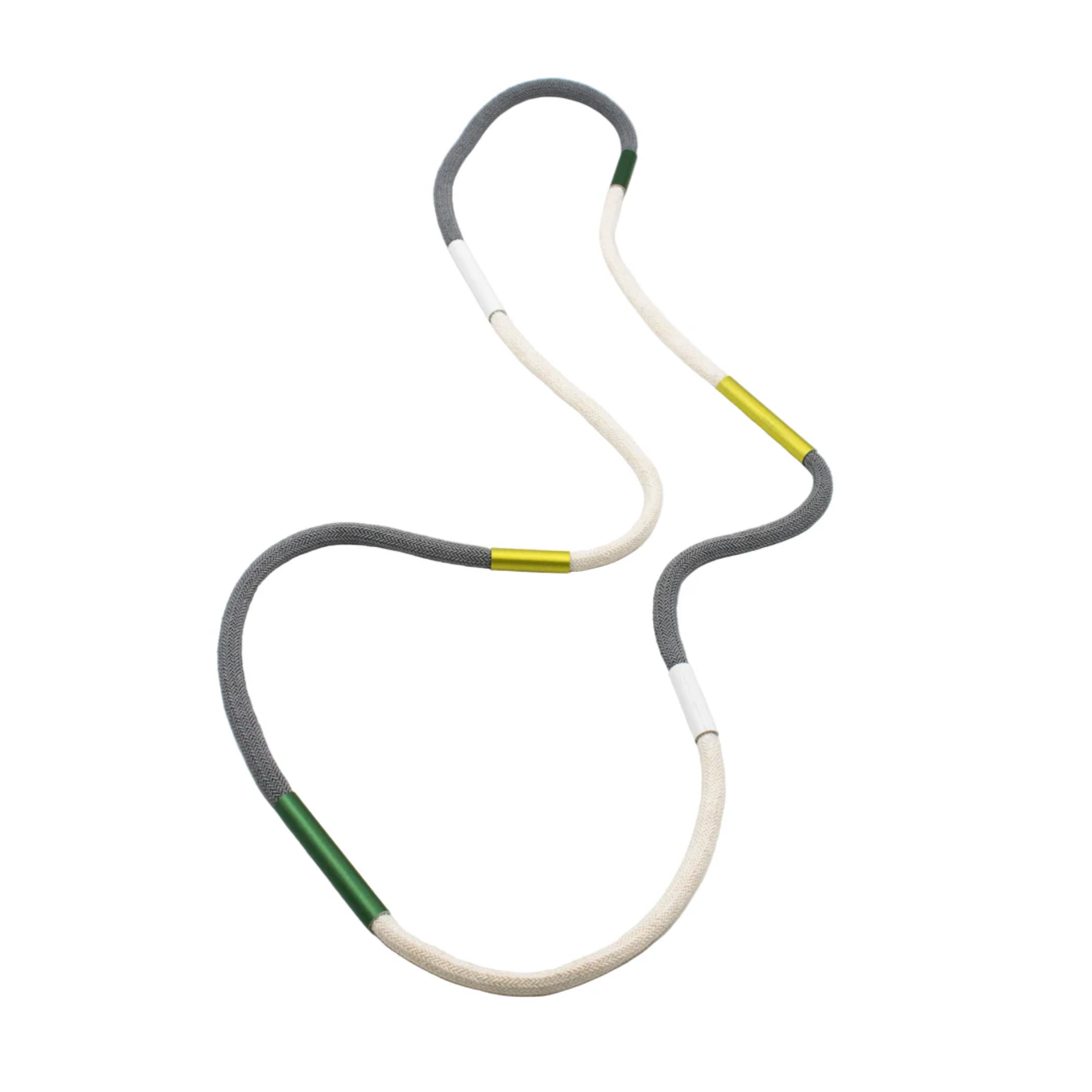 A flexible, looped cord with alternating sections of gray, off-white, green, and yellow on a plain white background.