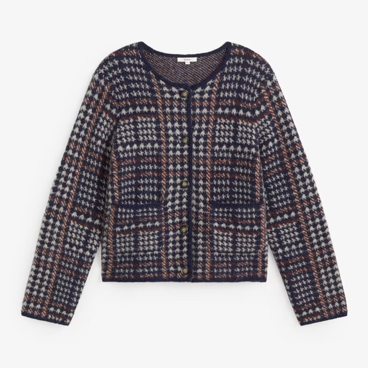 A cropped button-front cardigan featuring a textured houndstooth and plaid pattern in navy blue, beige, and rust orange, displayed on a clean white background.