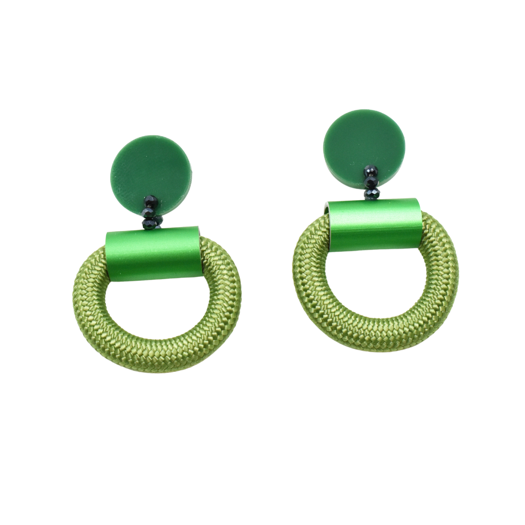 Pair of green earrings; each features a circular braided rope design with a metallic green cylinder and a dark green disc