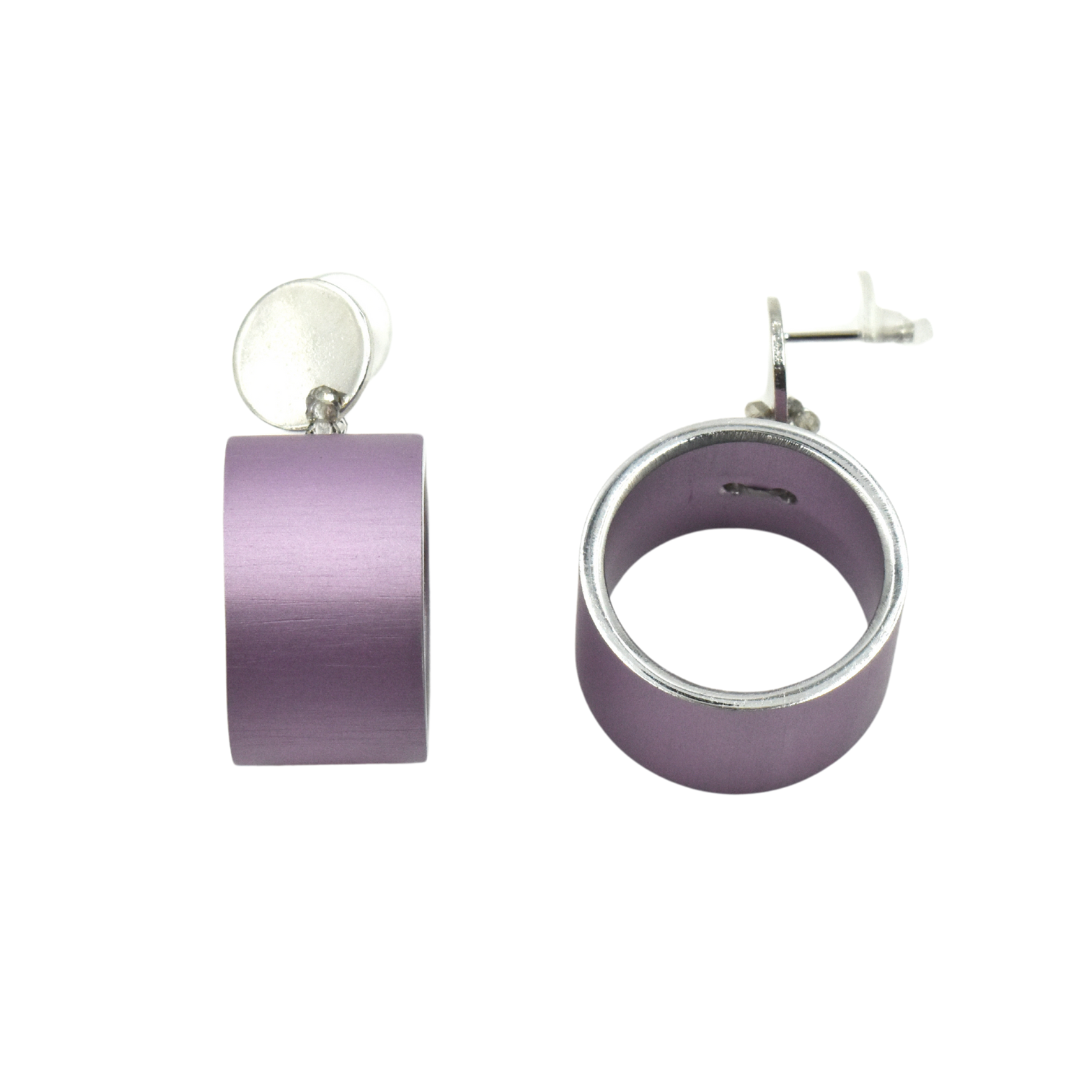 Pair of lavender anodized aluminum hoop earrings with silver-tone accents.