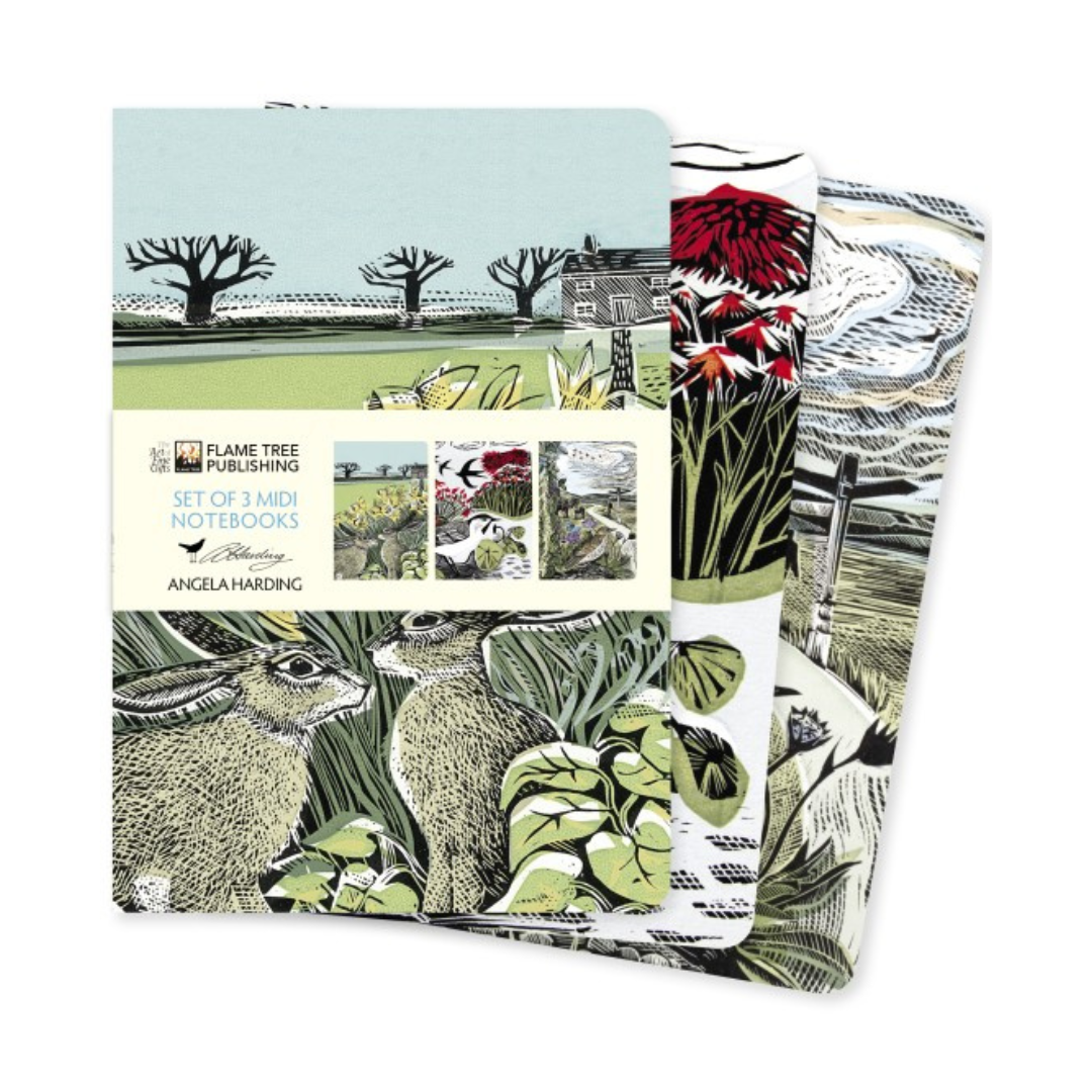 Set of three midi notebooks featuring nature-themed linocut illustrations by Angela Harding.