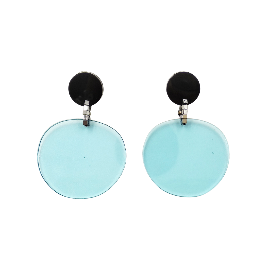 Pair of light blue translucent round drop earrings with black and silver accents.