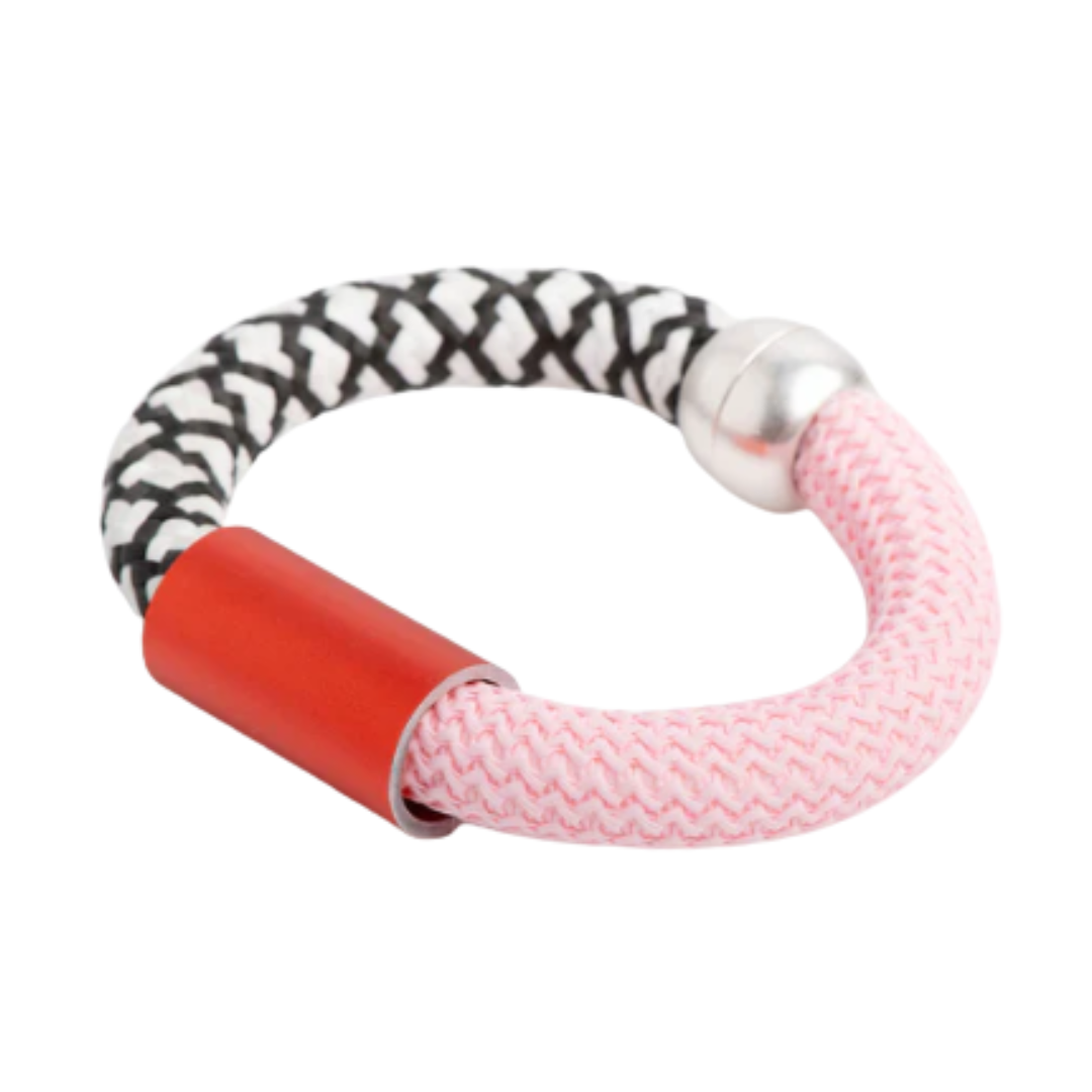 Pink and black rope bracelet with a red accent and silver clasp.