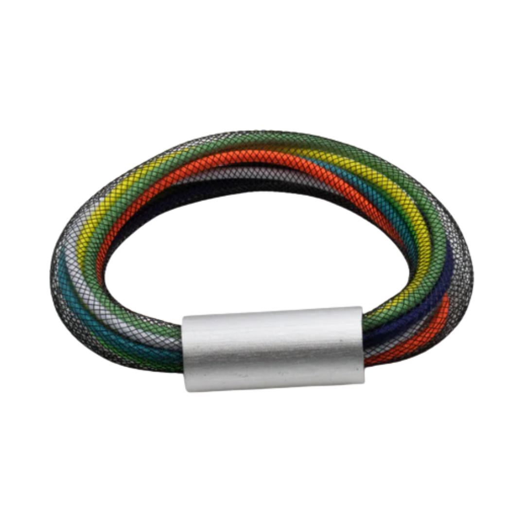 Multicolored braided bracelet with a silver cylindrical clasp.