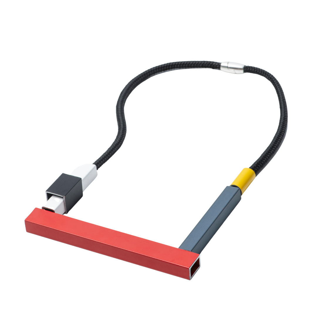 Red, gray, and black modular cable with USB connector, attached to a black cord.