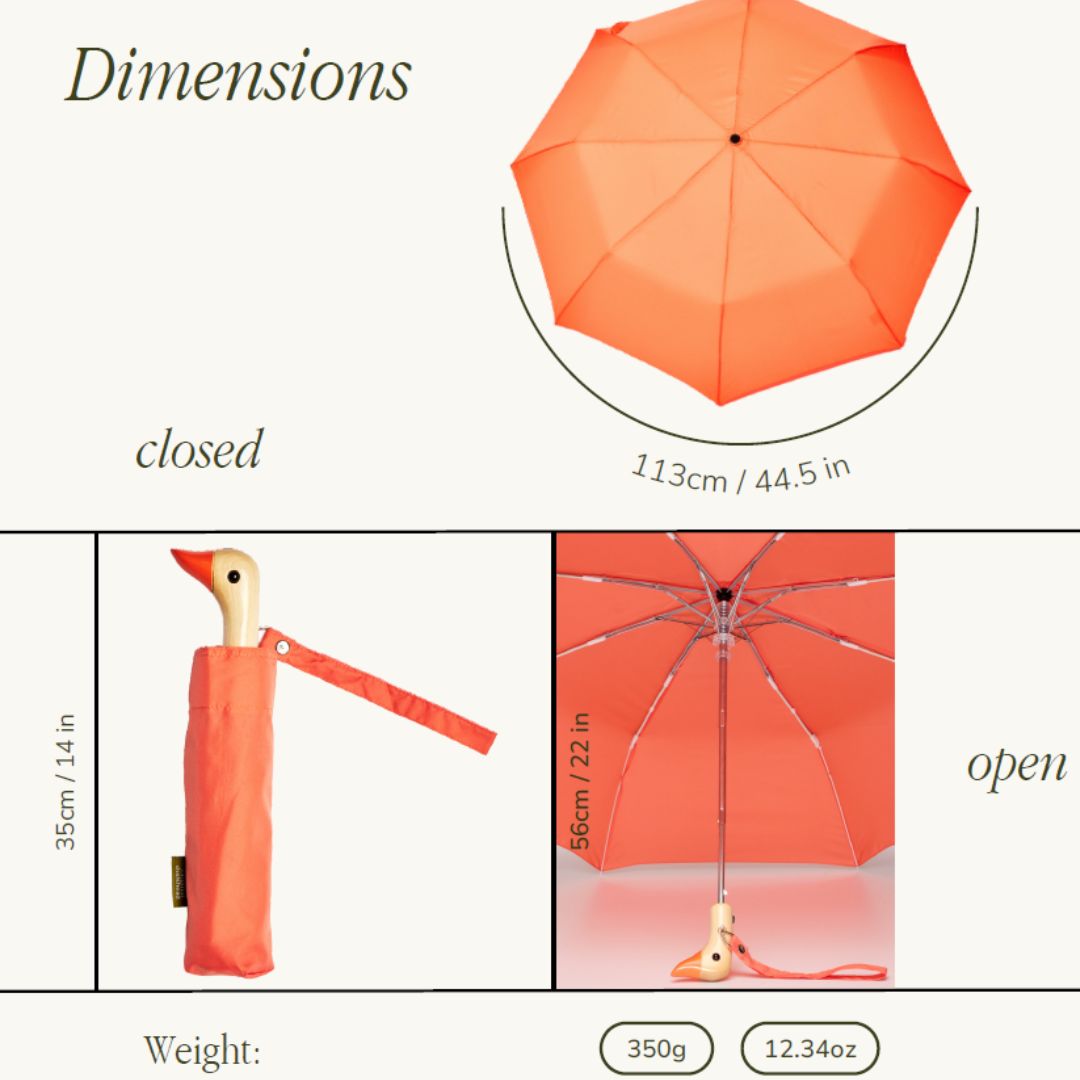 Coral orange compact umbrella with wooden duck head handle; open and closed views shown.