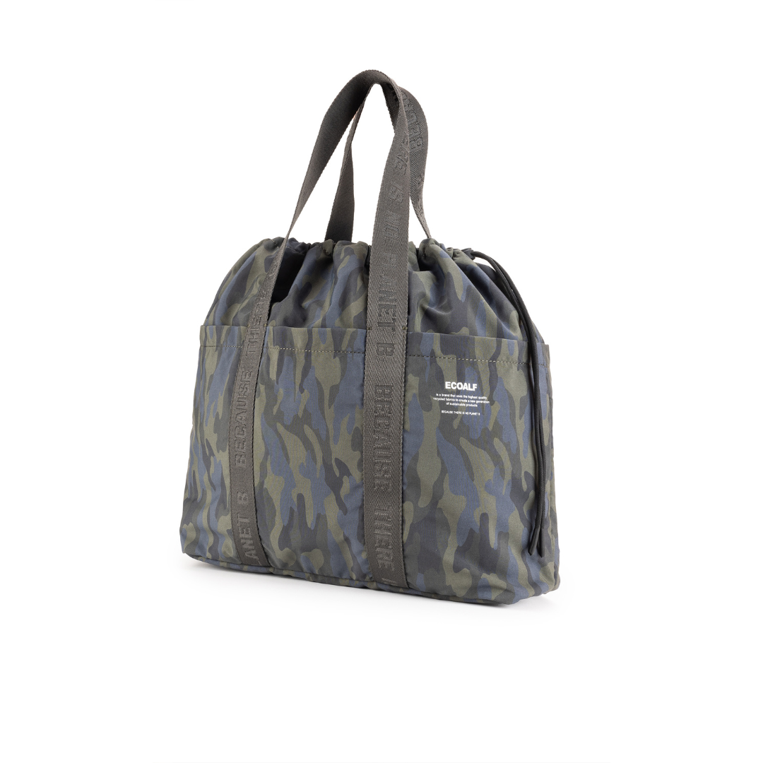 Camouflage-patterned drawstring tote bag with dark gray straps and "ECOLALF" label.