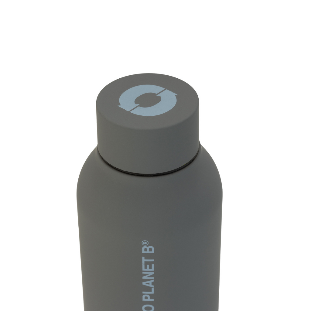 Gray Ecoalf water bottle with a light blue logo on the cap, featuring "NO PLANET B" text in white.