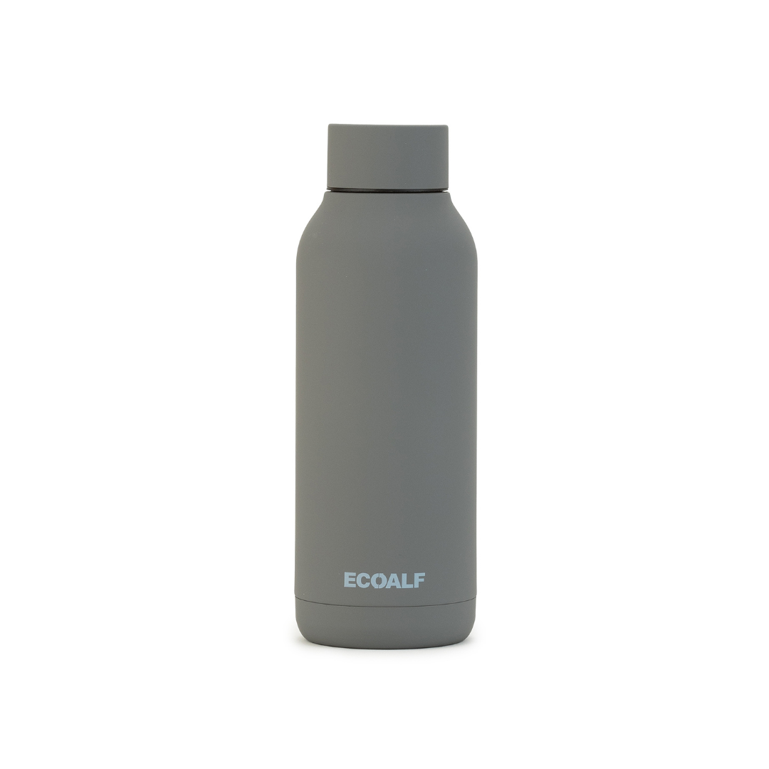 Gray Ecoalf insulated water bottle with a rounded shape and slightly darker gray lid.
