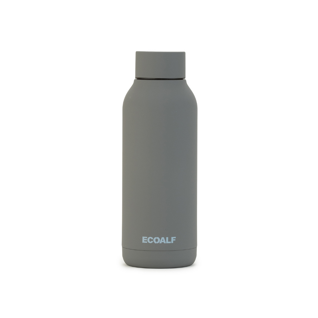 Ecoalf grey stainless steel water bottle with a sleek design and matte finish. Simple and modern style.