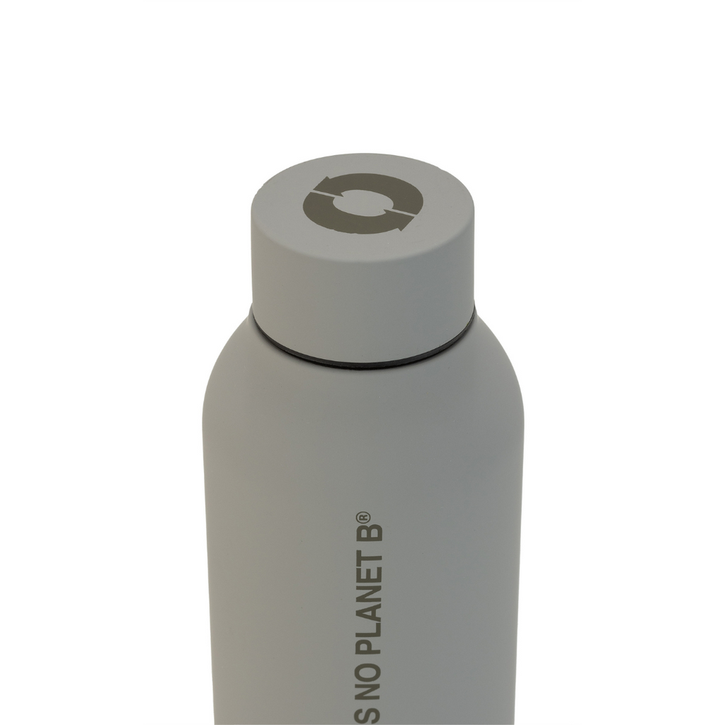 Ecoalf grey water bottle with a screw cap and a printed recycling logo on top. The text reads "THERE IS NO PLANET B."