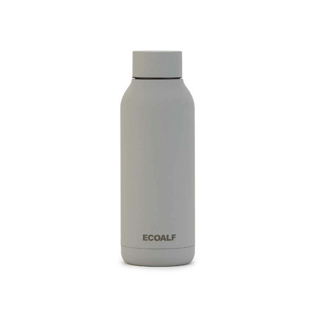 Gray Ecoalf water bottle with a simple design and a screw-on lid, featuring the Ecoalf logo in a matching shade.