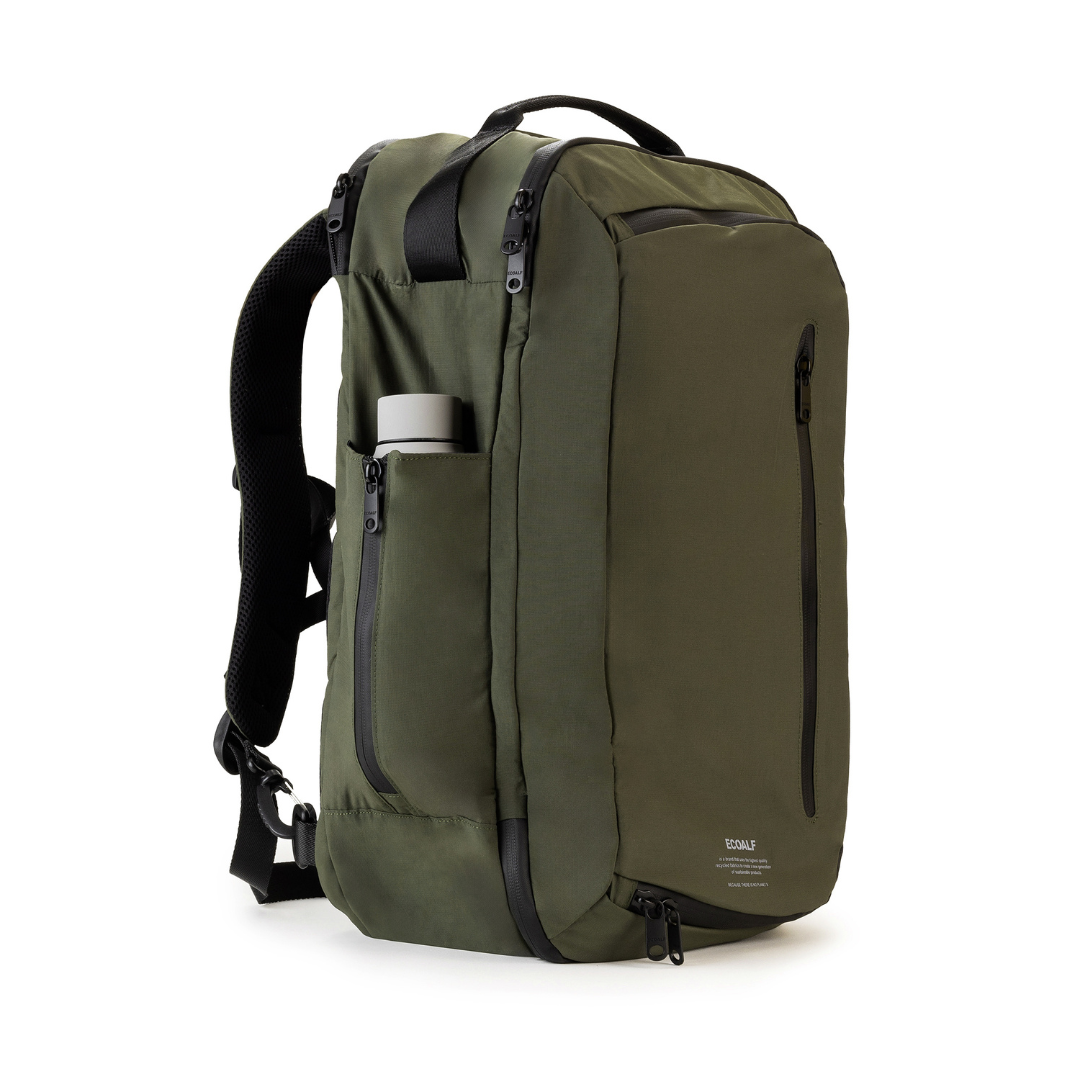 Olive green Ecoalf backpack with black zippers and straps; side pocket contains a light gray water bottle.