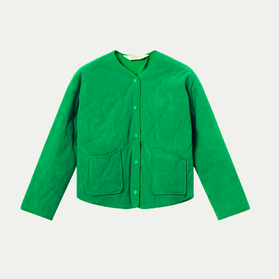 Green jacket with two front pockets on a light gray background