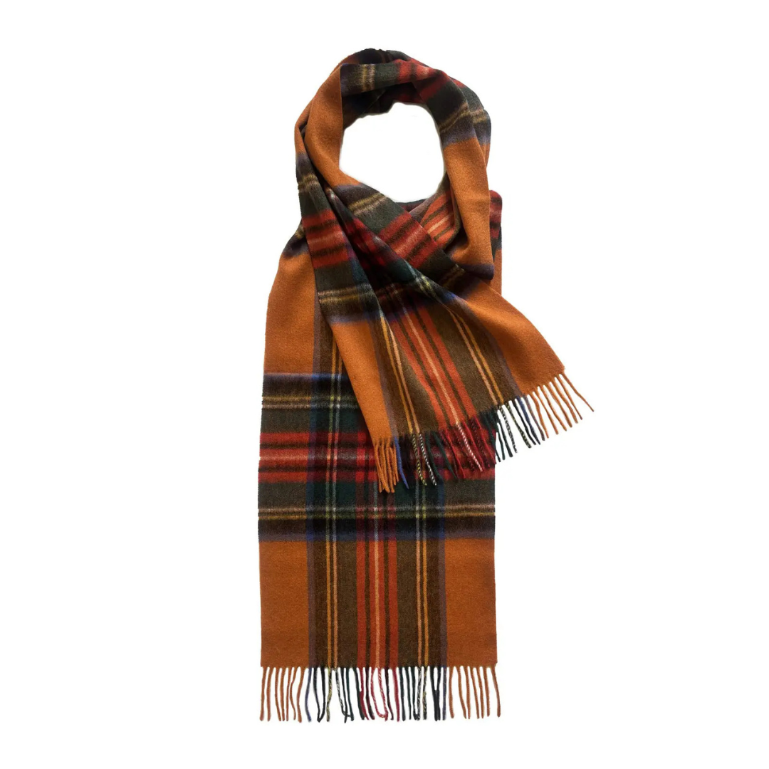 Plaid scarf with brown, red, and black colors on a white background