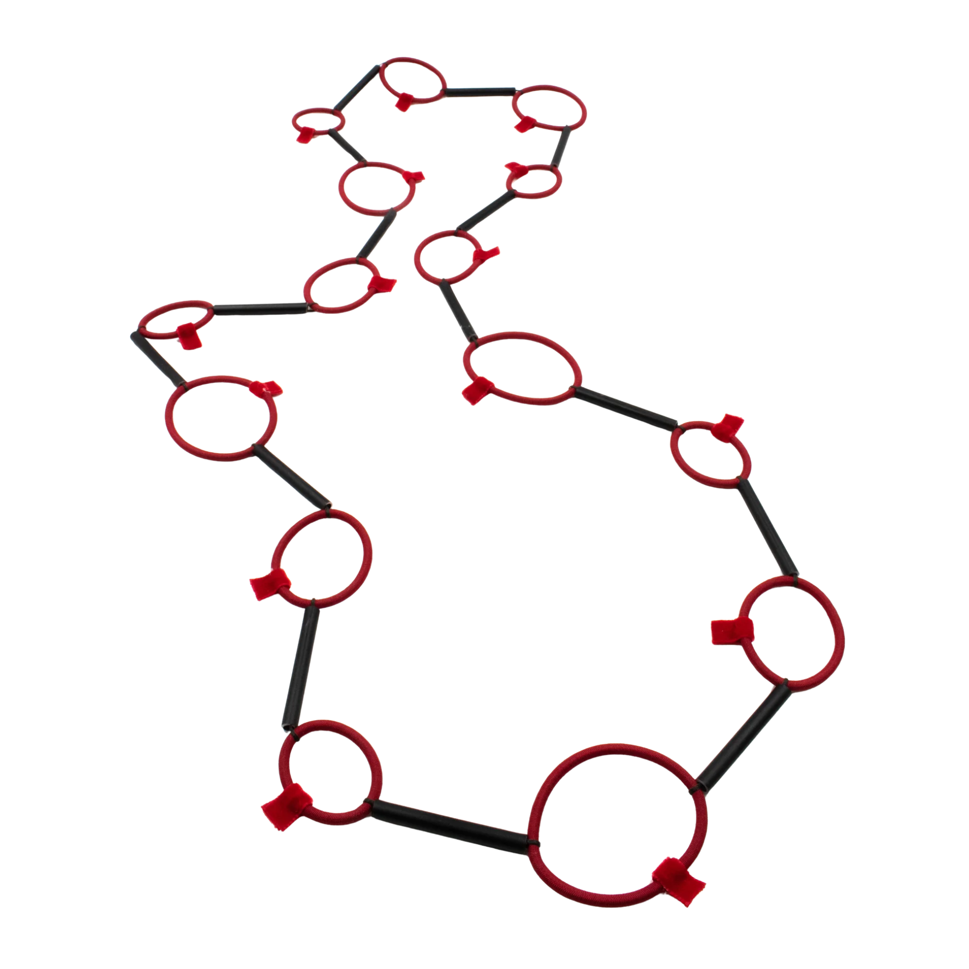 A black and red chain-link necklace with circular links and small red tags, displayed on a solid white background.
