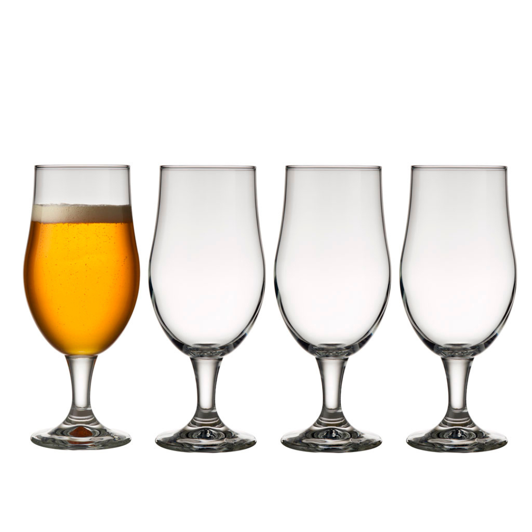 One beer glass filled with amber liquid and three empty beer glasses.