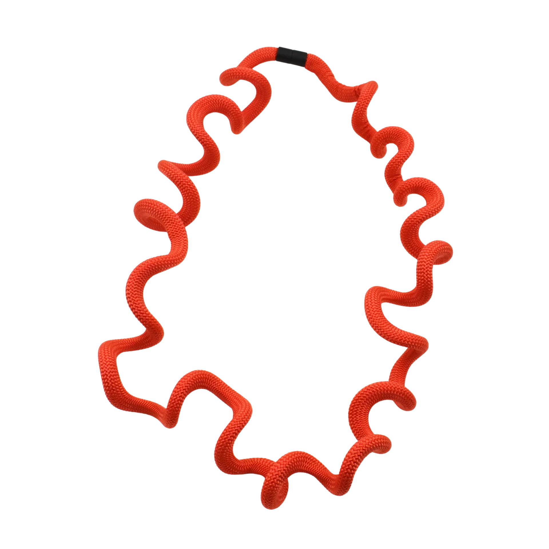 A bright red wavy rope necklace with a small black tag at the top, displayed on a clean white background.