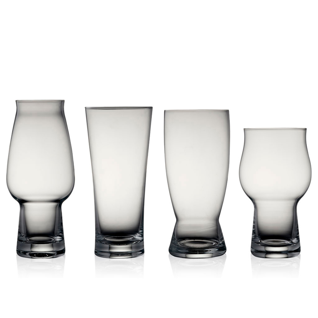 Set of four clear glass beer glasses; varying shapes and sizes.