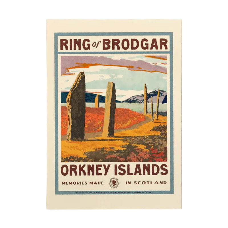 Vintage-style poster of the Ring of Brodgar in Orkney Islands on a textured beige background.