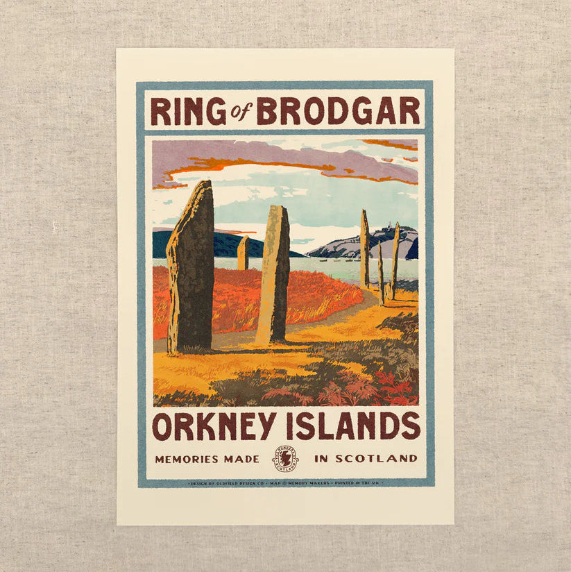 Vintage-style poster of the Ring of Brodgar in Orkney Islands on a textured beige background.