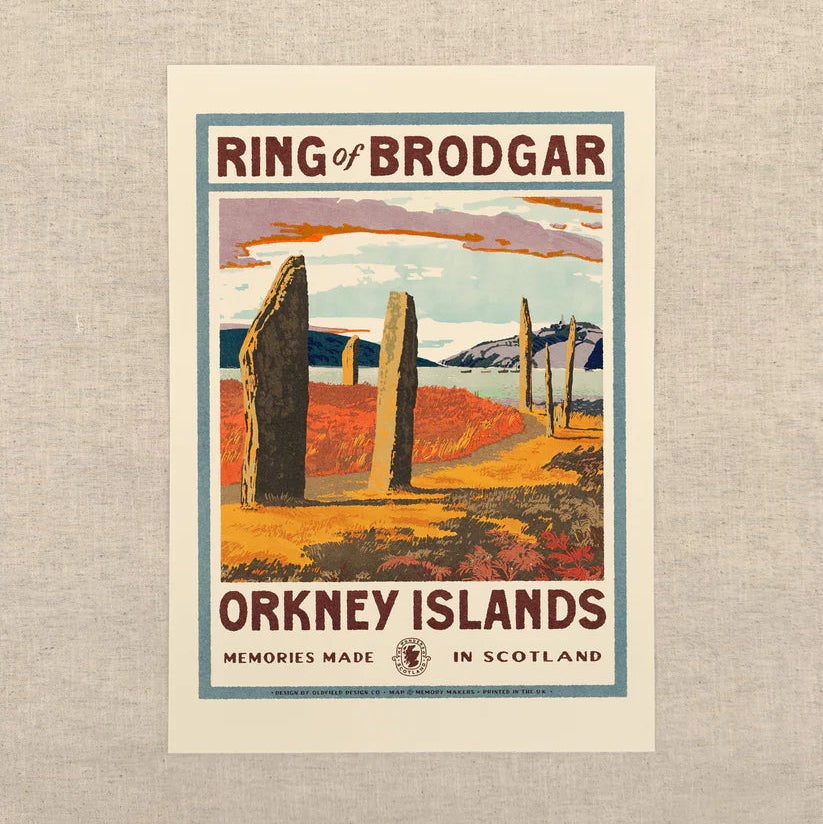 Vintage-style poster of the Ring of Brodgar in Orkney Islands on a textured beige background.