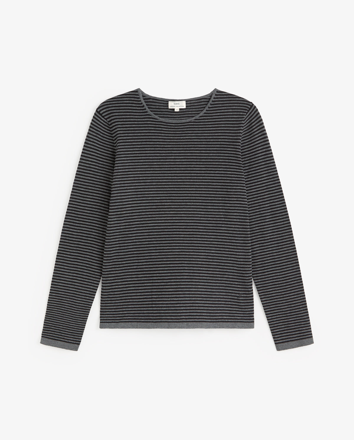 A long-sleeve crewneck knit top with thin horizontal black and gray stripes, displayed flat against a light gray background.