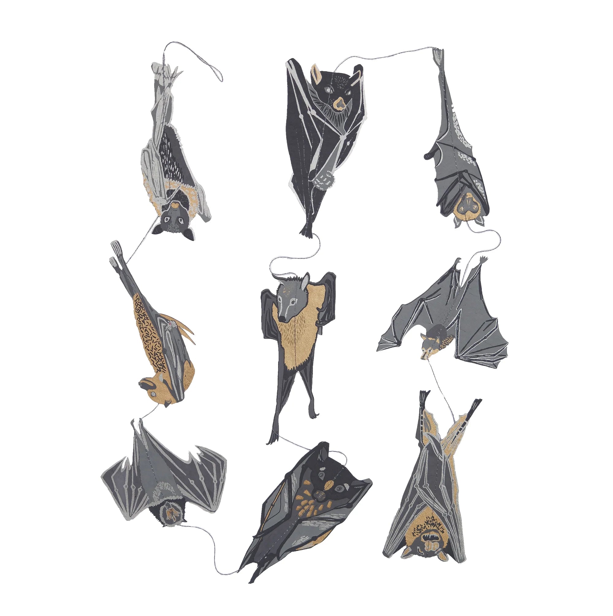 A decorative hanging garland featuring multiple illustrated bats in dark gray, black, and warm tan tones, strung together on a white background.