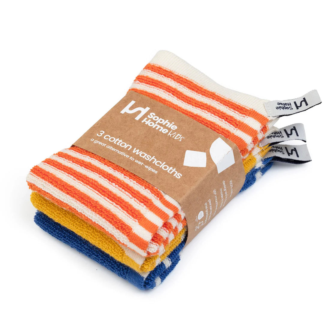 Pack of three striped cotton washcloths with a brown Sophie Home Kids packaging.