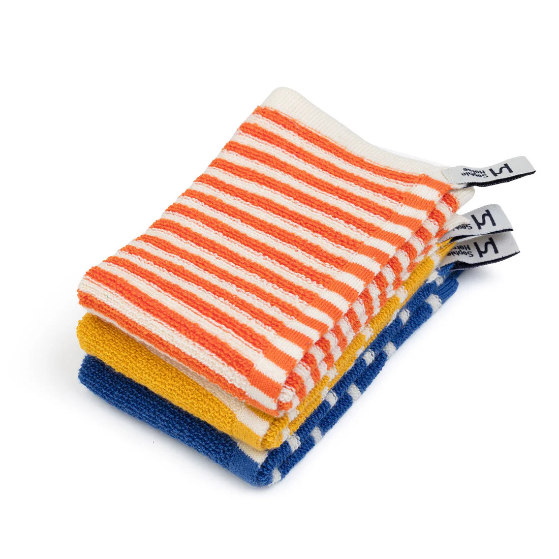 Set of three striped washcloths in orange, yellow, and blue on a white background