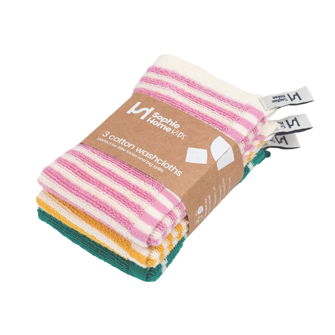 Pack of cotton washcloths with a brand label on a white background