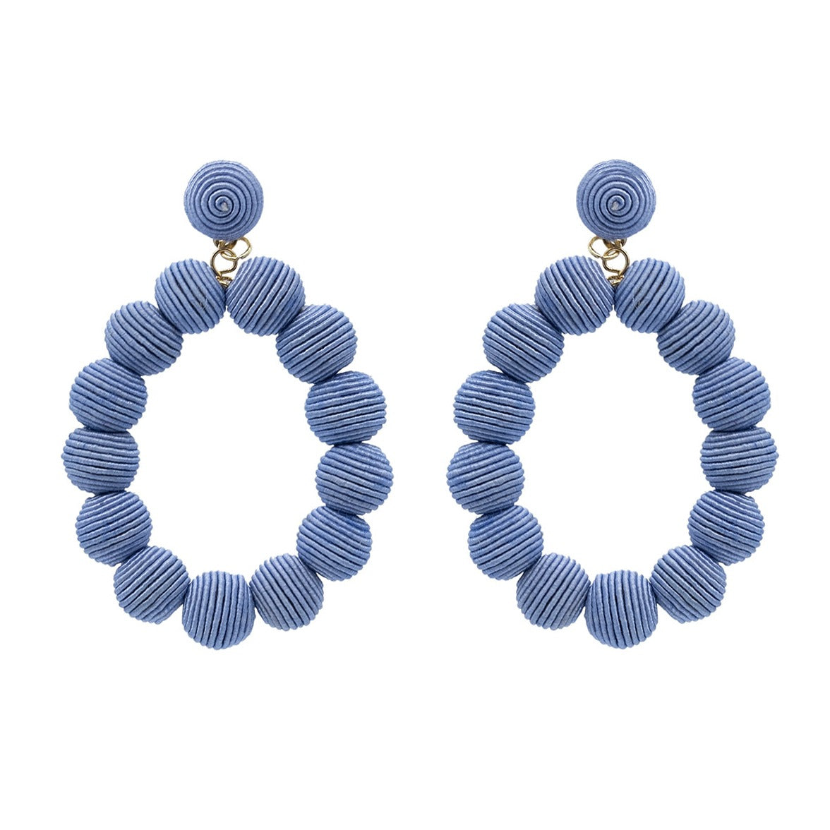 Pair of light blue hoop earrings.  Each hoop is composed of numerous small, textured spheres.