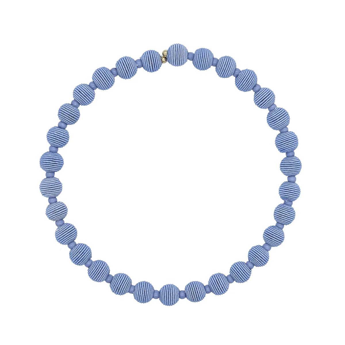 Periwinkle blue beaded necklace; circular, composed of uniformly sized, textured beads.