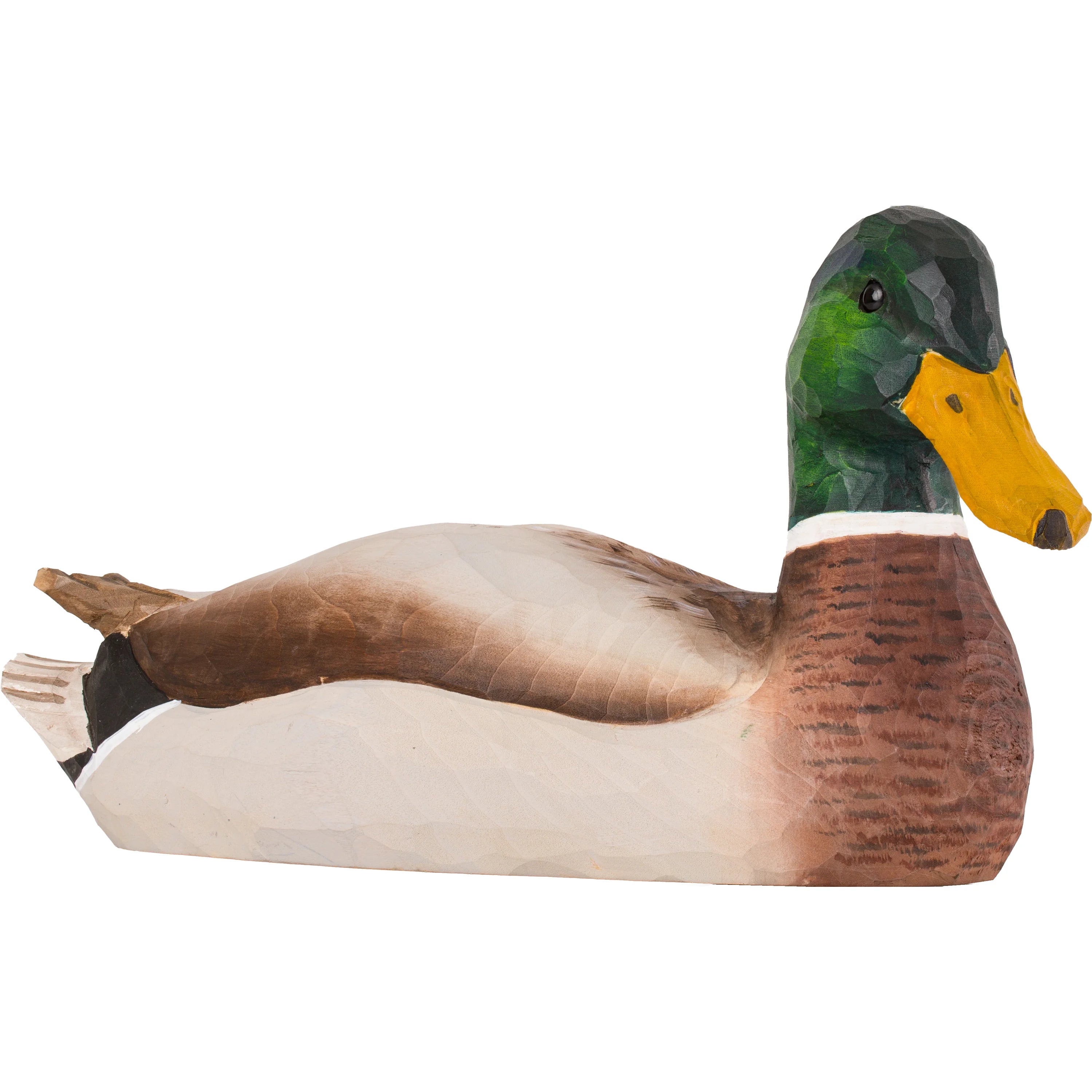 Wooden duck decoy on a white background