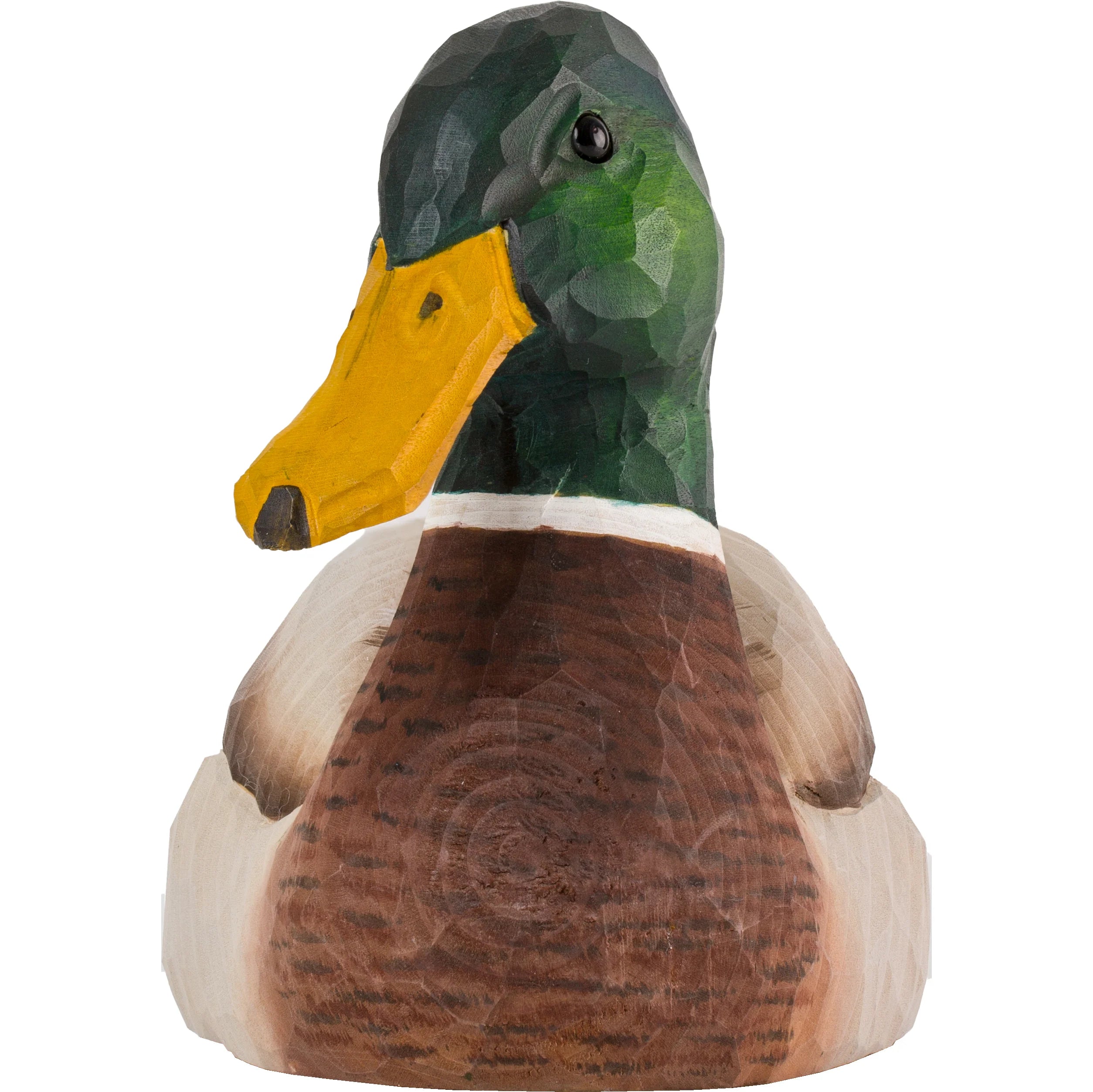 Wooden duck figurine with green head and brown body on a white background