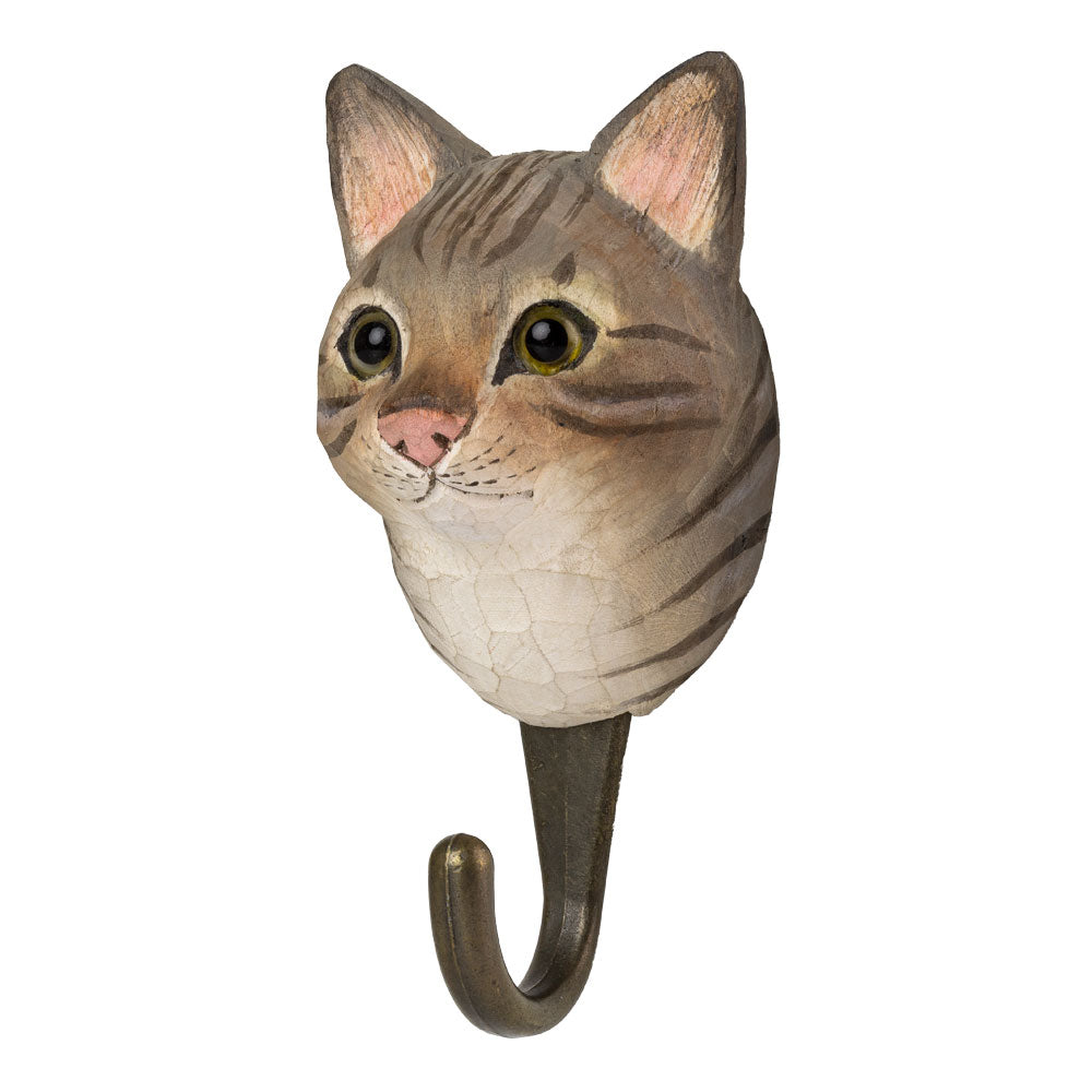 Cat-shaped wall hook with detailed face on a white background