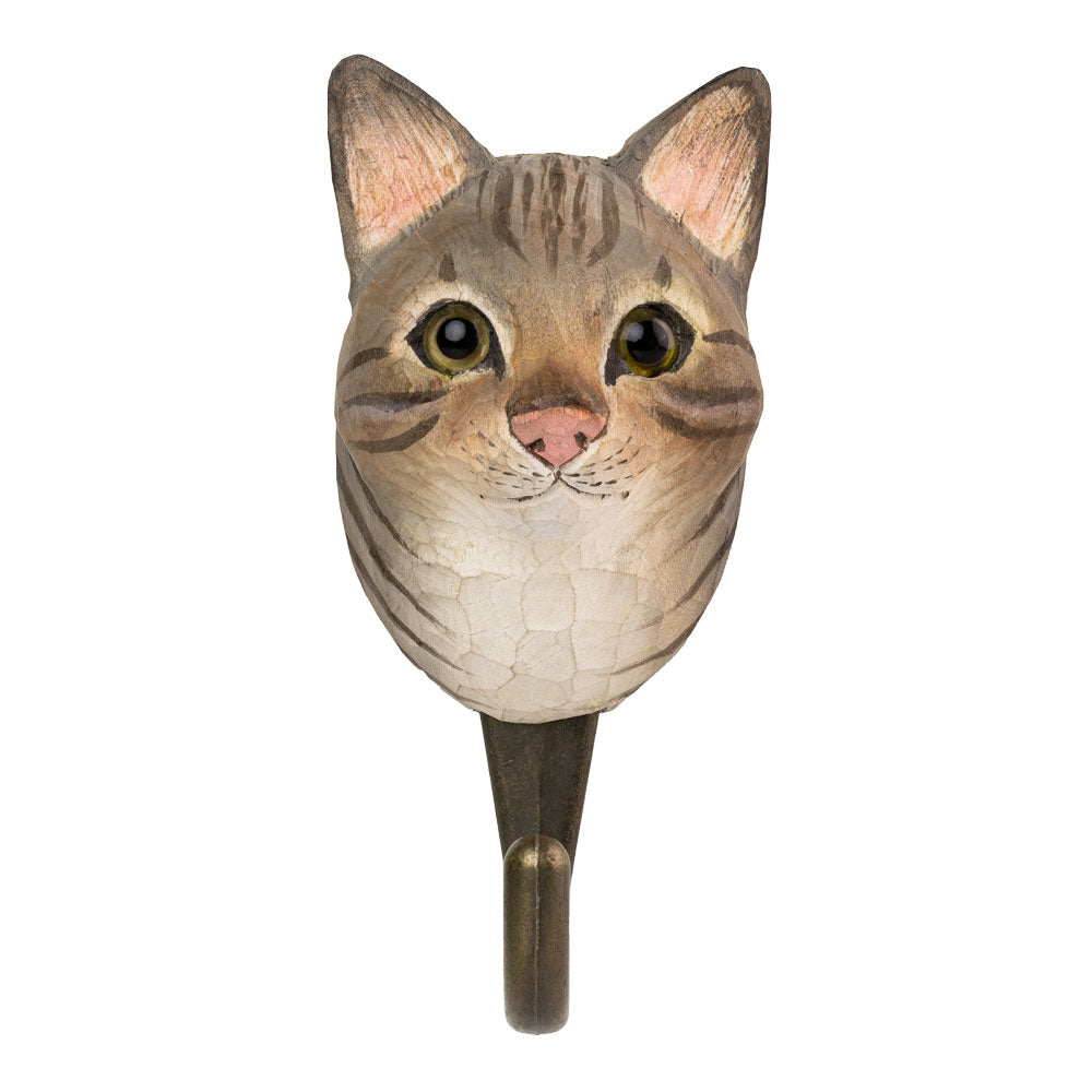 Cat-shaped hook with a detailed face on a white background