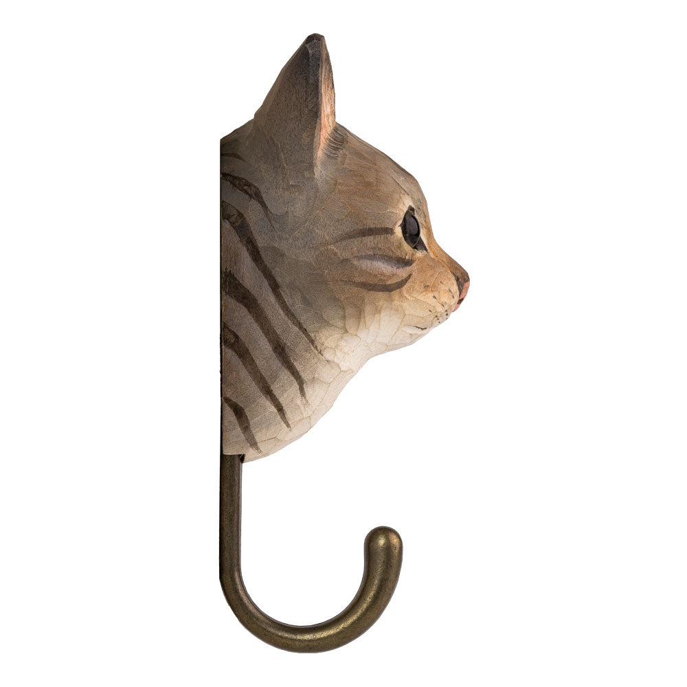 Cat-shaped wall hook with a metallic finish on a white background