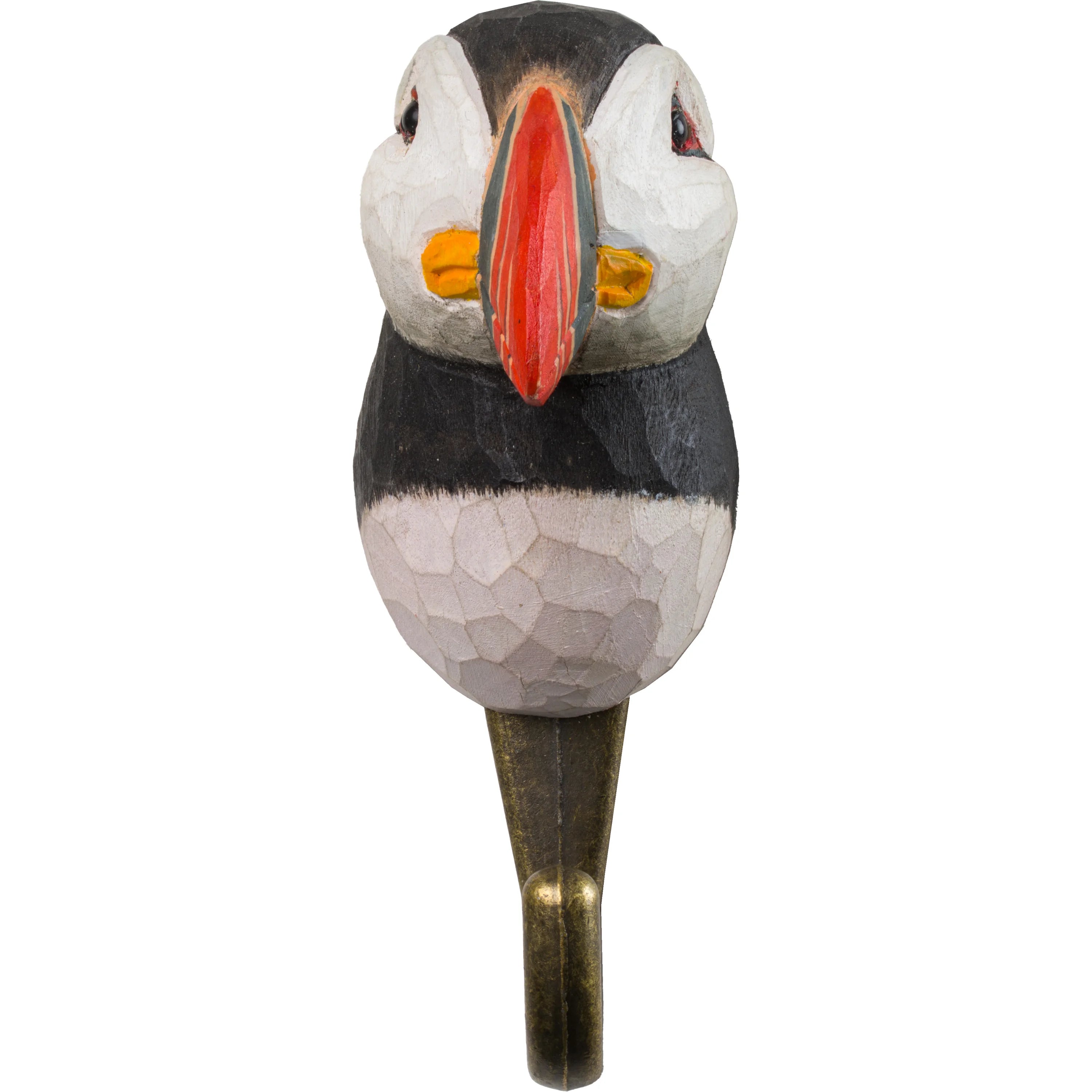 Wooden puffin figure with a red beak on a white background