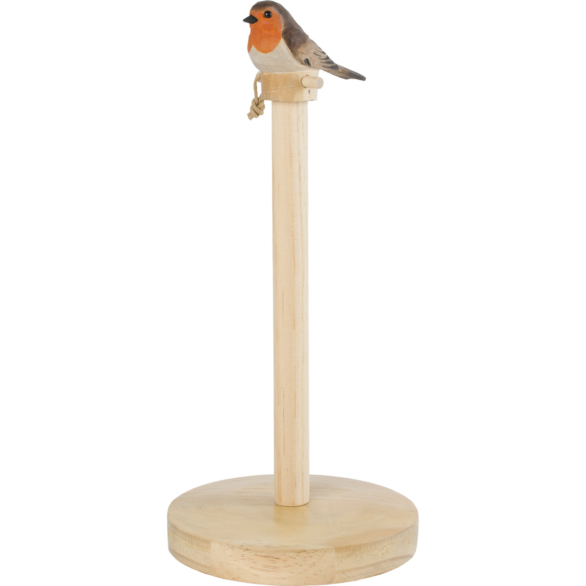 Wooden paper towel holder with a robin bird on top against a white background
